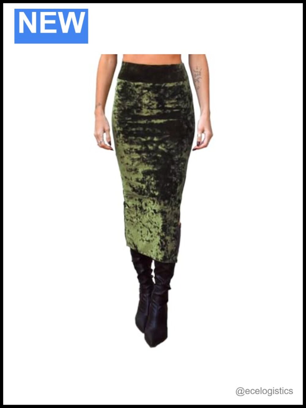 Crushed Velvet High Waisted Bodycon Pencil Midi Skirt with Side Slit